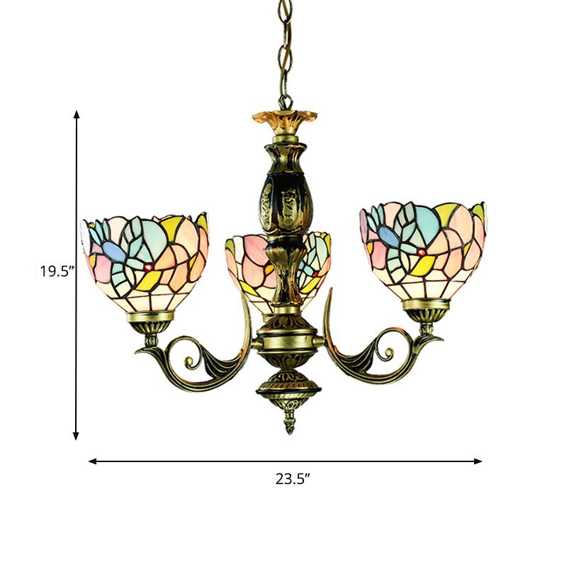 Stained Glass Pendant Lamp with Bowl Shade 3 Lights Rustic Chandelier Lighting in Multi Color