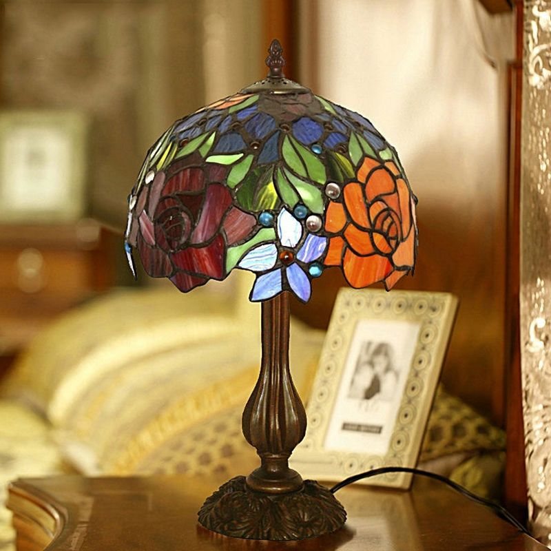 Victorian Style Blossom Table Light 1 Head Multicolored Stained Glass Night Stand Lamp