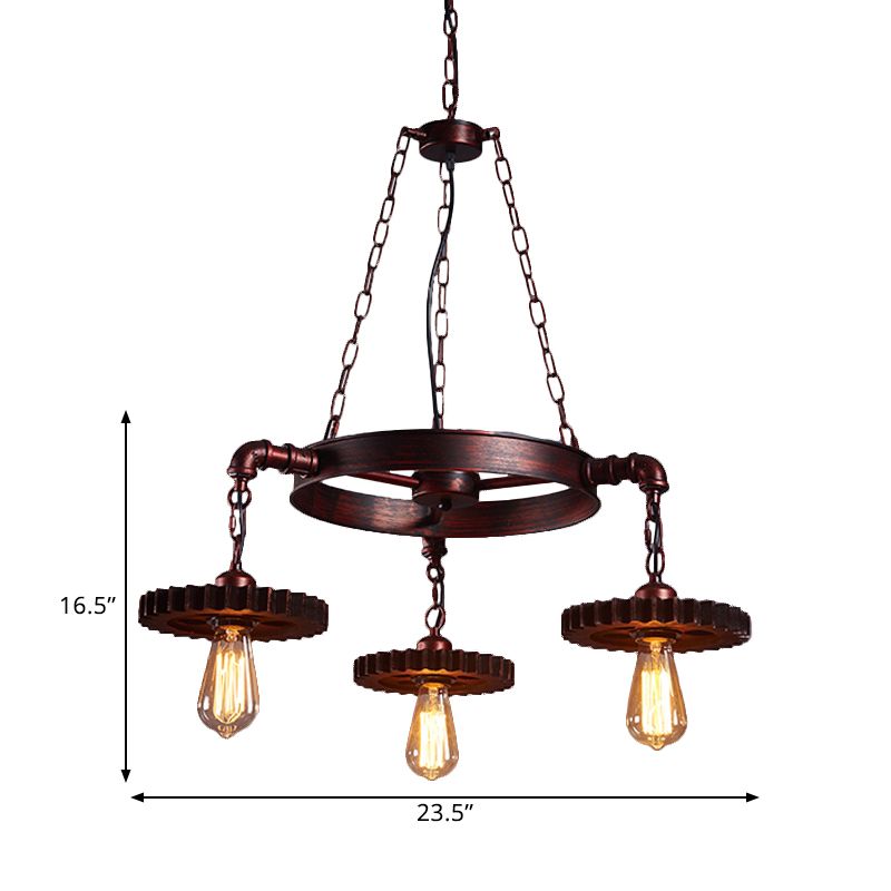 3/5/7 Heads Exposed Bulb Chandelier Light with Gear Deco Farmhouse Style Rust Metallic Ceiling Lamp for Bar