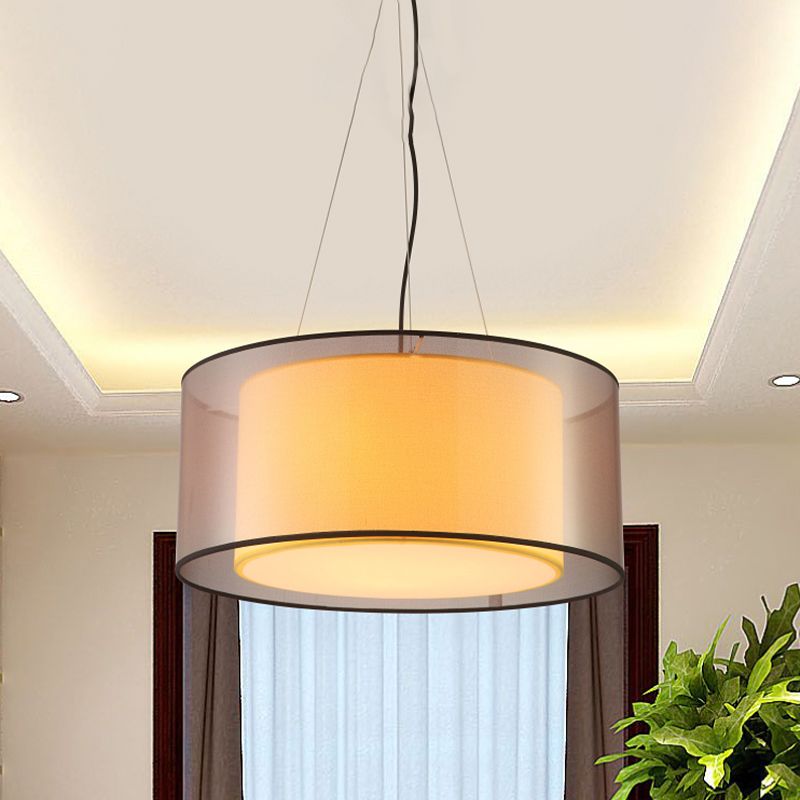 2 Layers Rectangle/Round Chandelier Modern Fabric 3 Bulbs Dining Room Ceiling Suspension Lamp in Flaxen