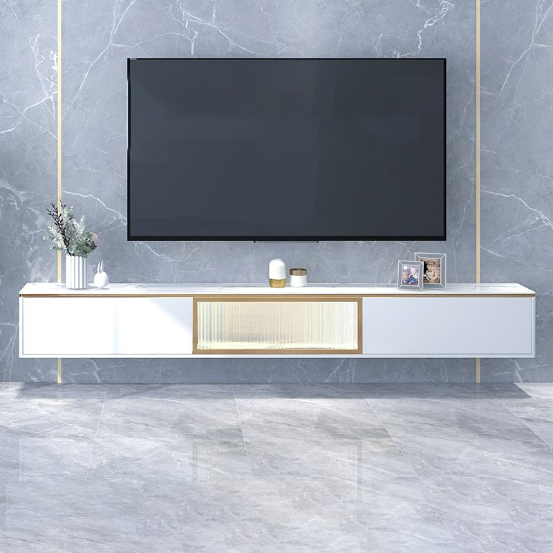 Glam Style Stone TV Stand White Enclosed Storage TV Cabinet with 2 Drawers