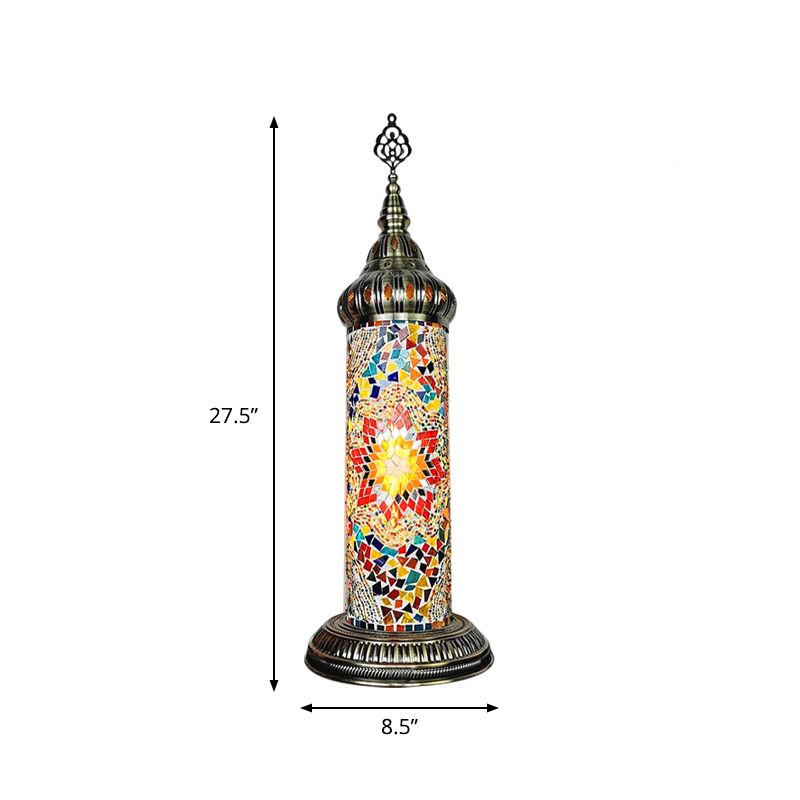 Cylinder Bedroom Table Lamp Traditional Stained Glass Yellow/Blue/Green LED Night Light