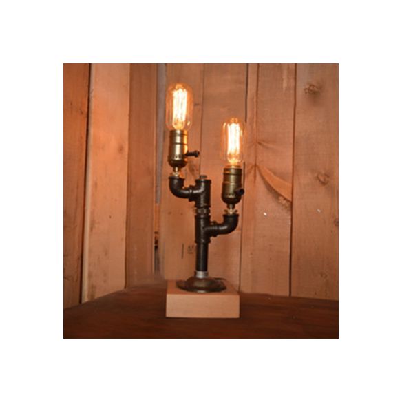 2 Lights Plumbing Pipe Table Lighting with Exposed Bulb Industrial Black Metallic Standing Table Lamp