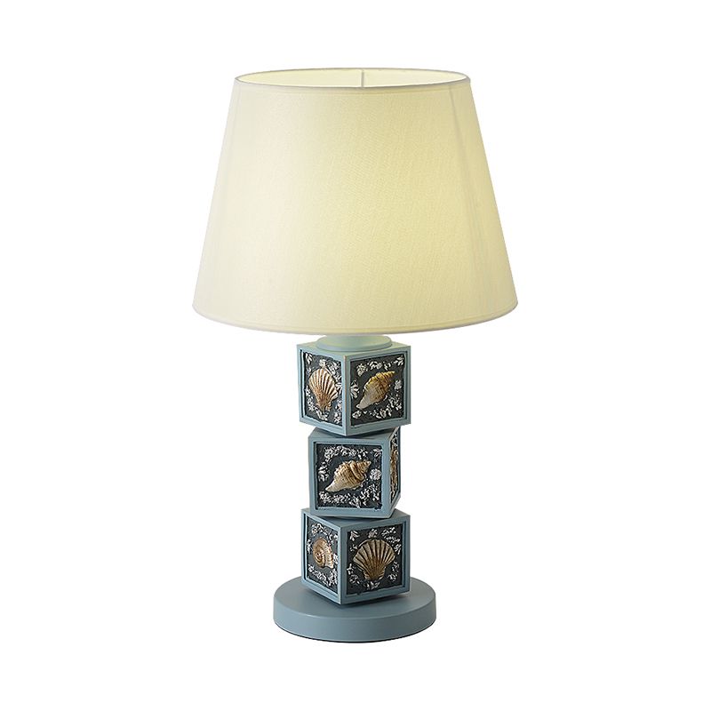 Stacked Cube Desk Lighting Mediterranean Resin 1 Bulb Light/Sky Blue Night Lamp with Barrel Fabric Shade