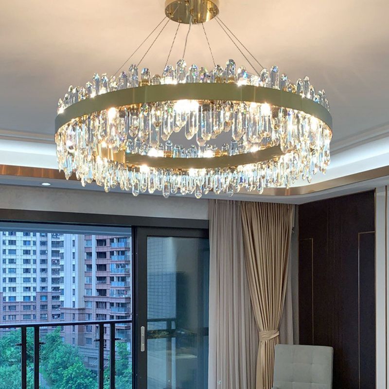 Round Shape Hanging Lights Crystal Metal Chandelier in Gold for Living Room