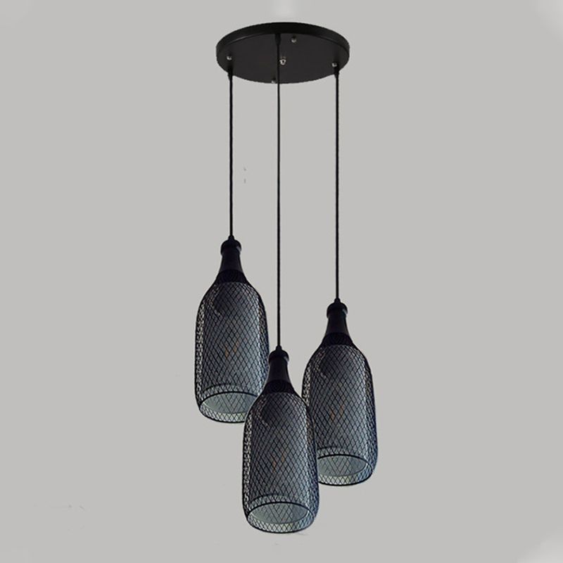 3/6 lumières en métal pendant léger industriel style bouteille noire Mesh Shade Restaurant lampe suspendue