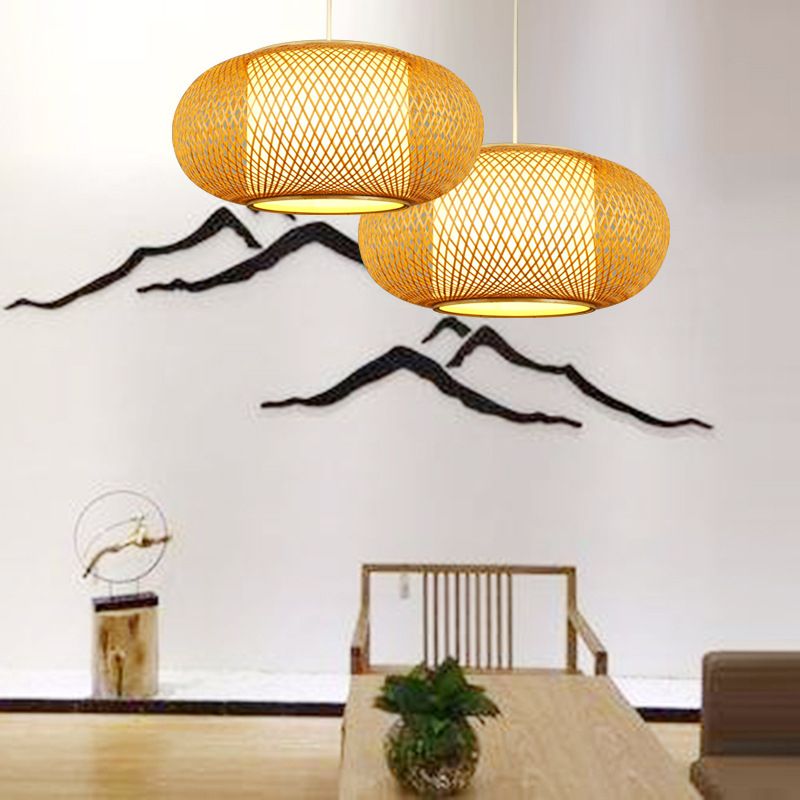 Wood Lantern Shape Pendant Light Modern Style 1 Light Hanging Lamp for Tea Room