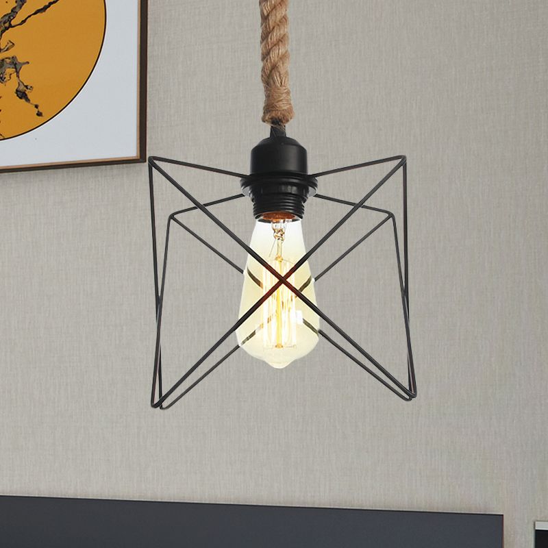 Drahtkäfig -Esszimmer hängend hängendes Vintage Metallic 1 Glühbirne Schwarz Anhängerlampe mit Seilkabel