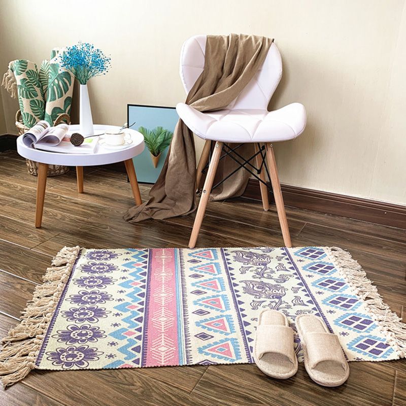 Western Bedroom Rug Multi Colored Tribal Geo Carpet Cotton Blend Easy Care Washable Area Rug with Tassel