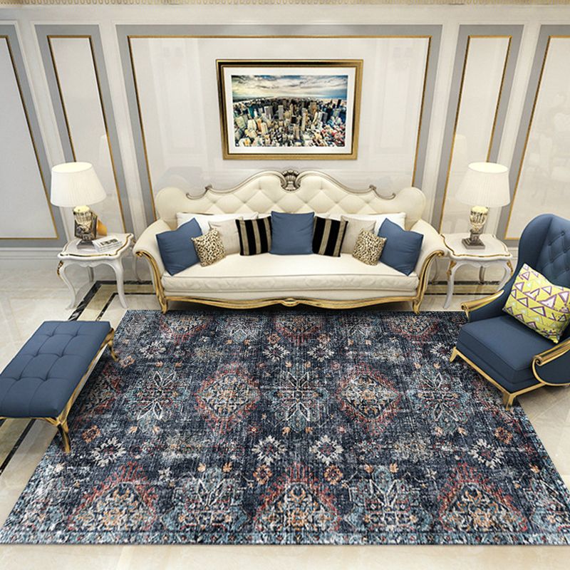 Blue Tone Distressed Area Carpet Polyester Floral Printed Indoor Rug Anti-Slip Backing Carpet for Living Room