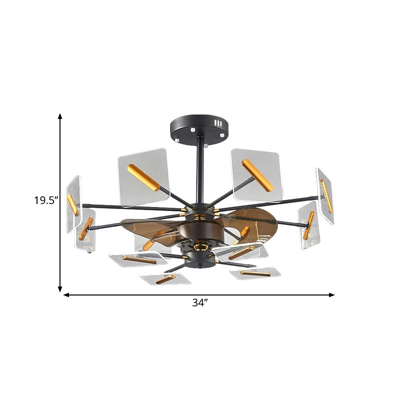 Vierkante paneel hanger ventilator licht modernistische acryl 12 lampen zwart en gouden semi -spoellamp met 3 bruine messen, 34 "w