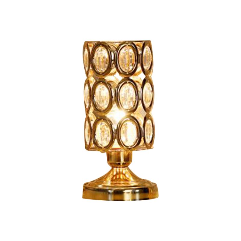 Modernism 1 Bulb Table Light with Crystal-Encrusted Shade Gold Tapered/Cylinder Reading Lamp