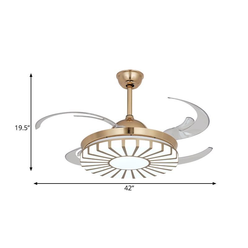 Gold LED Ceiling Fan Light Simplicity Acrylic Circular 4 Clear Blades Semi Flush Mount Lighting for Restaurant, 42" Wide