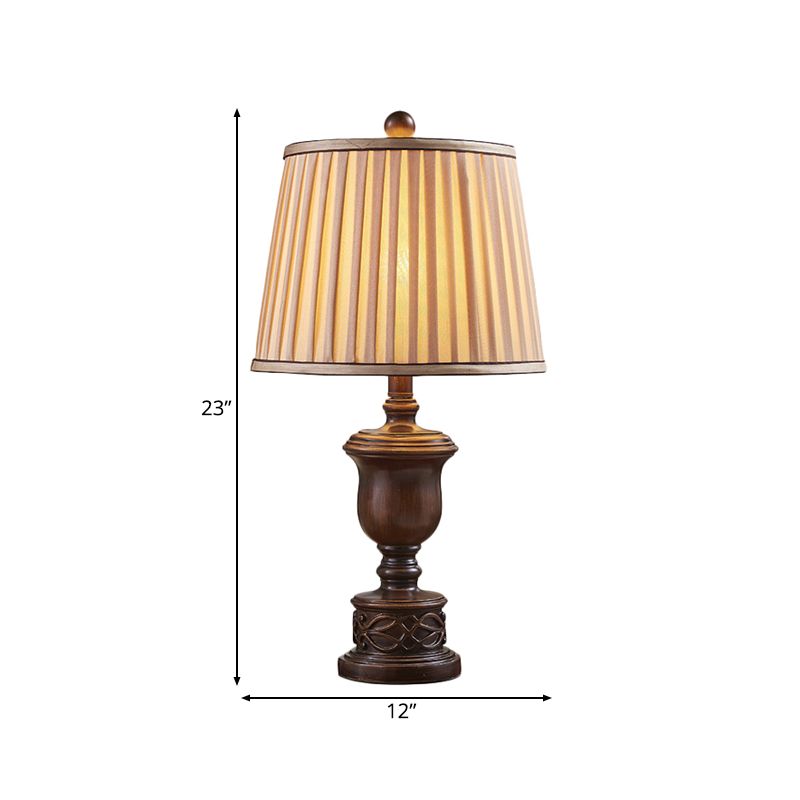 1 Light Table Lamp with Pleated Fabric Shade Antique Bedroom Nightstand Lamp with Brown Wooden Base