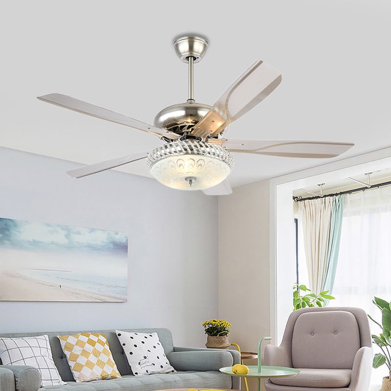 Modern Dome Semi Flush Lighting LED Metallic Ceiling Fan Lamp in Silver for Living Room with 5 Clear Blades, 48" Wide