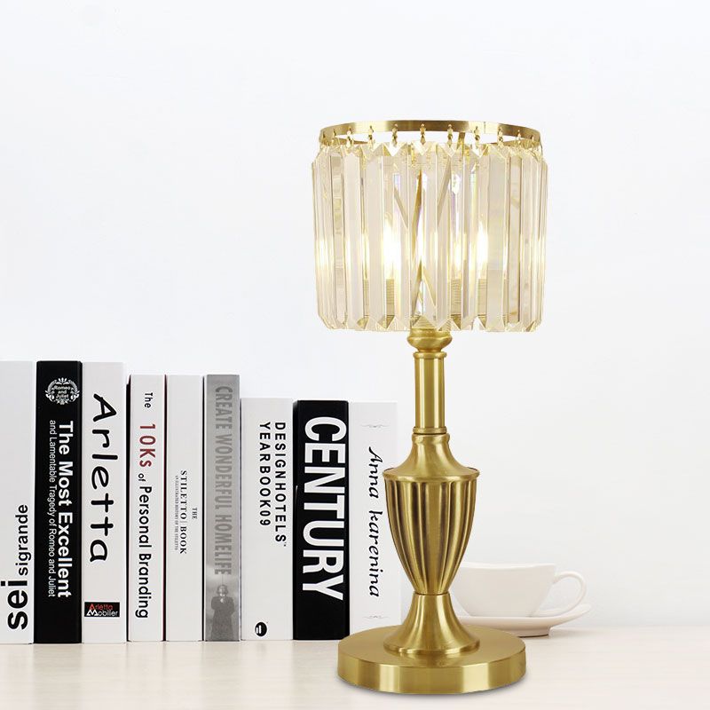 Prismatic Optical Crystal Brass Table Lamp Cylinder Shade LED Contemporary Nightstand Lamp