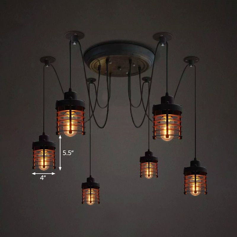 6 Light Iron Ceiling Lighting Farmhouse Style Black Cylinder Cage Shade Bedroom Hanging Light Fixture with Spider Design