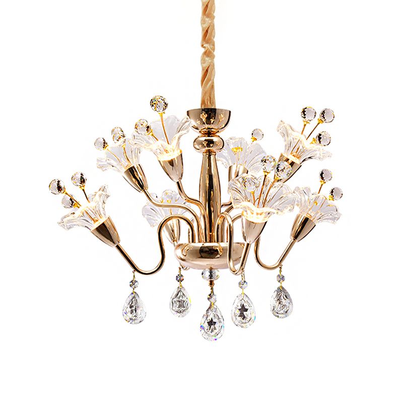 Clear Crystal Blossom Ceiling Light Modern 8-Head Gold Chandelier Lighting Fixture with Curvy Arms