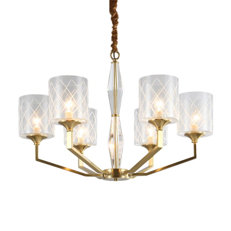 Grid Cylinder Shade Chandelier Elegant Style Metallic Ceiling Pendant in Gold for Study Room