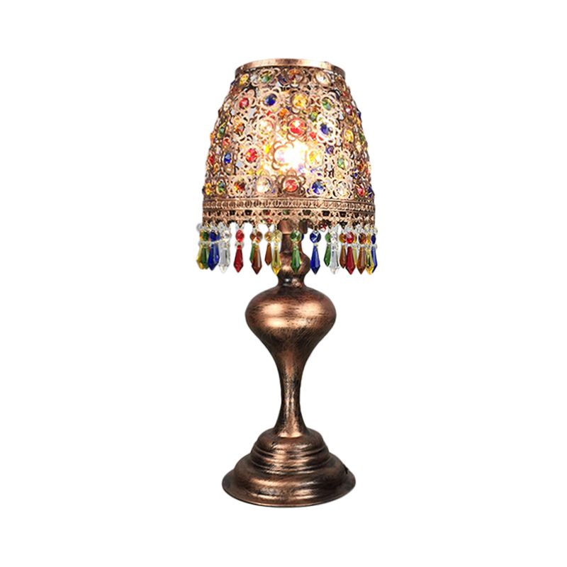 Bohemian Barrel Nightstand Lighting 1 Bulb Metal Night Table Lamp in Brass for Restaurant