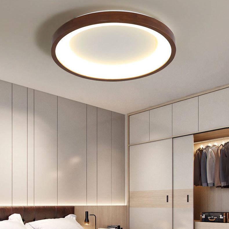 Round Shape Flush Mount Modern Style Wood 1 Light Flush Ceiling Light in Brown