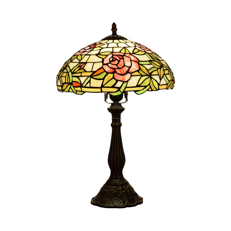 Single-Bulb Night Stand Lamp Tiffany Bowl Shade Stained Glass Table Lighting with Rose Pattern