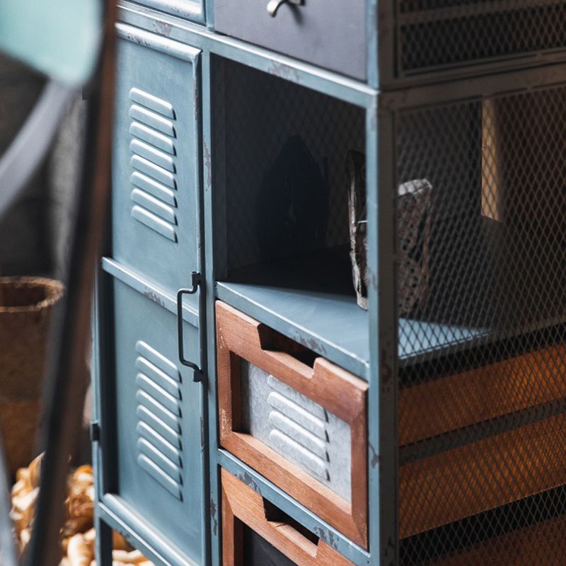 Glass Paned Industrial Cabinet Distressed Metal Accent Cabinet