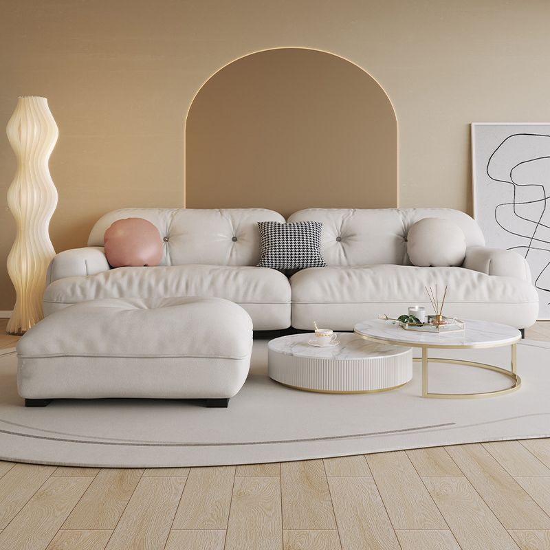 White Sofa with Built-in Armrest and Tufted Back Leather/techno Fabric Sectional