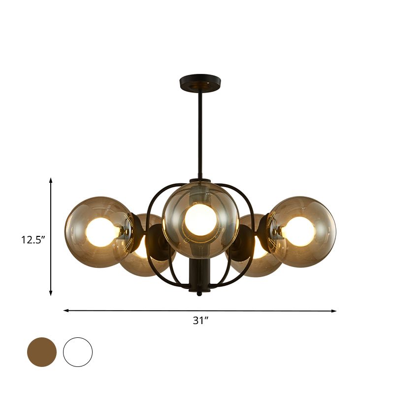 Clear/Light-Tan Glass Sphere Chandelier Retro 5 Heads Living Room Ceiling Pendant Light with Cage Arm