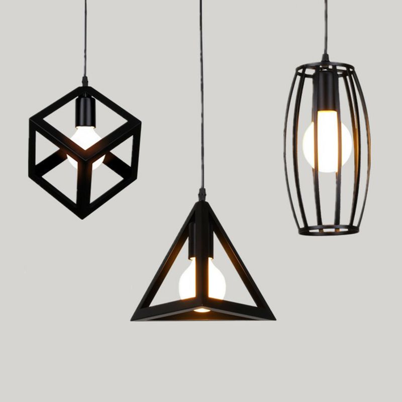 Vintage Geometric Pendant Ceiling Light Single-Bulb Metal Suspension Lamp in Black