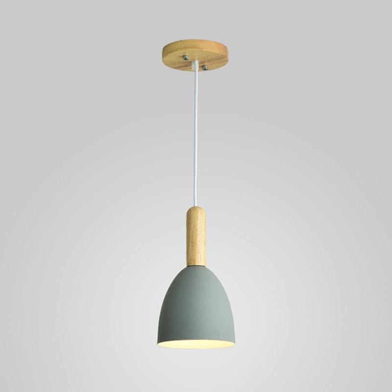 Metallic Bell Hanging Light Macaron 1-Head Down Lighting Pendant with Wooden Handle