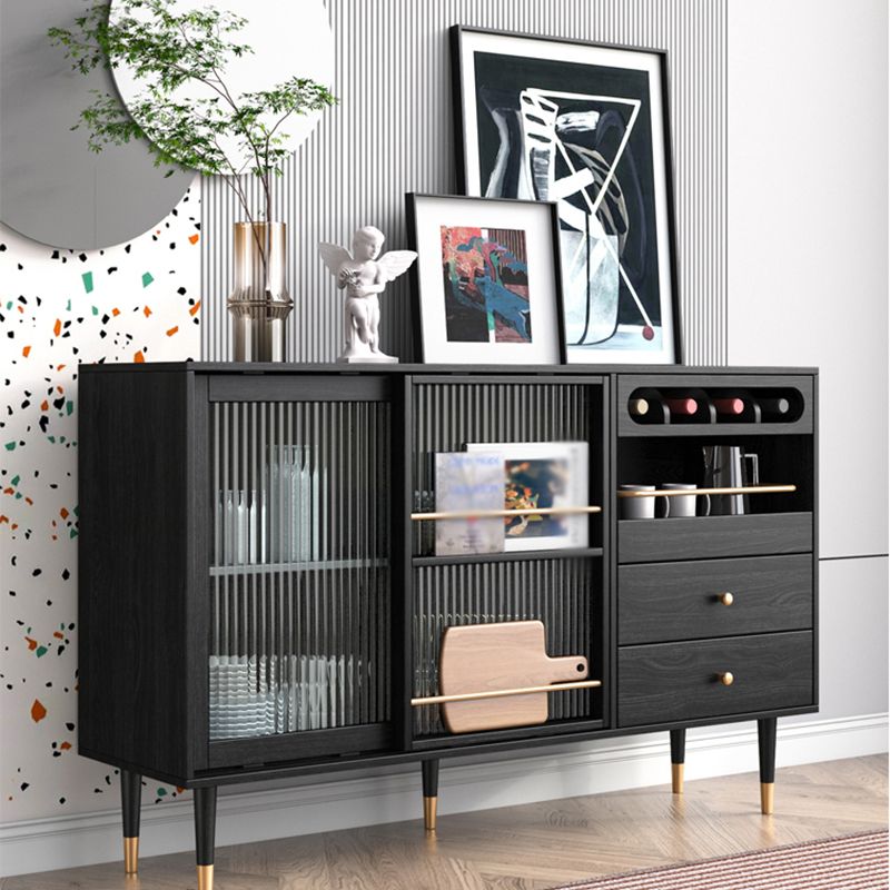 2-Drawer Engineered Wood Sideboard Glam Glass Sliding Doors Credenza with Stone Countertop