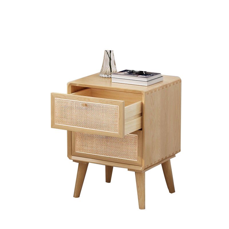 Modern Rattan and Pine Bedside Cabinet Drawer Storage Nightstand with Legs