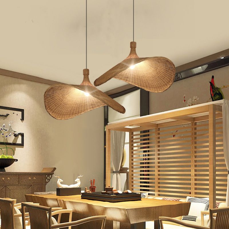 Hat Shaped Bamboo Ceiling Lighting Asian Style 1 Bulb Wood Hanging Light for Restaurant