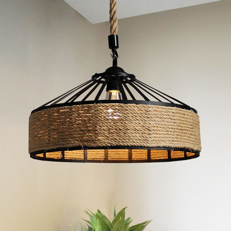 Wrought Iron Barn-Shaped Pendant Lighting Fixture Rural Hemp Rope Single Bulb Drop Lamp for Bar