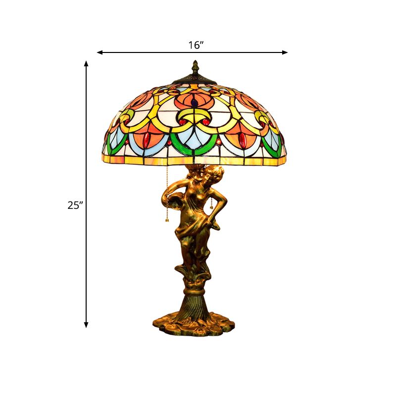 3-Bulb Night Stand Light Baroque Geometric Pattern Bowl Stained Glass Table Lamp with Fisher Girl Statue and Pull Chain