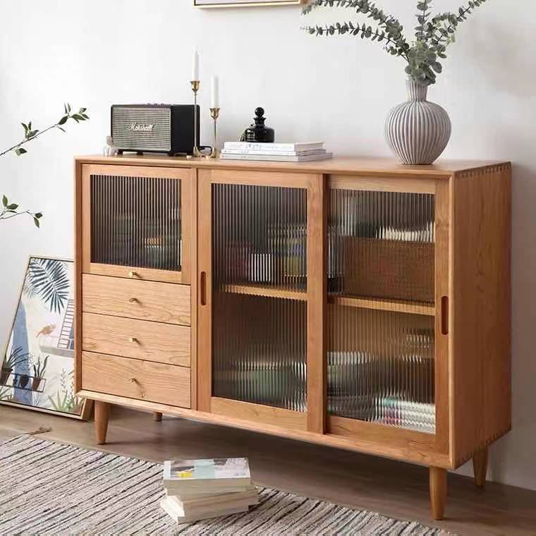 3-Drawer Pine Wood Sideboard Modern Glass Sliding Door Cabinets Credenza for Living Room