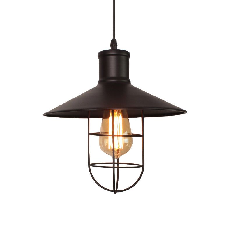 Industrial Saucer Shade Pendant Lamp 1 Head Metal Hanging Light Fixture with Cage Bottom in Black