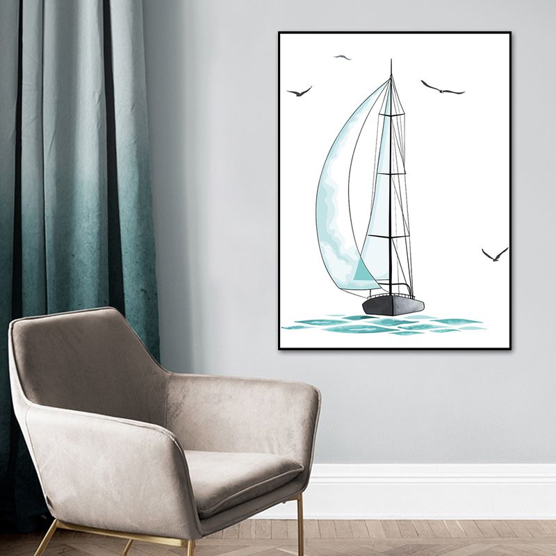 Blue Sailing Ship Drawing Canvas Textured Surface Cartoon Kindergarten Wall Art Print