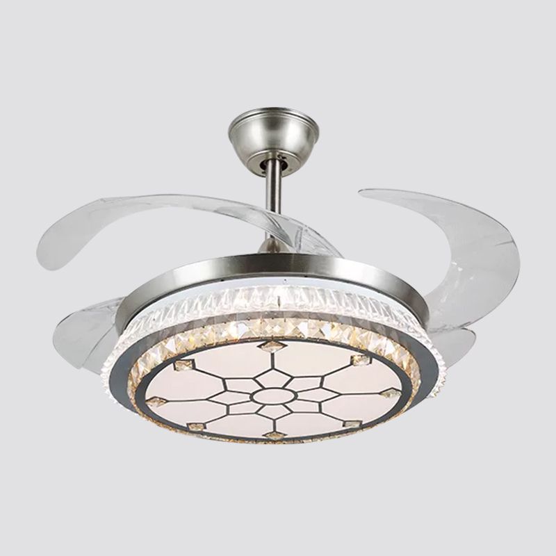 Silver Layered 4 Blades Semi-Flush Mount Modernism LED Crystal Pendant Fan Light Fixture, 19" Wide