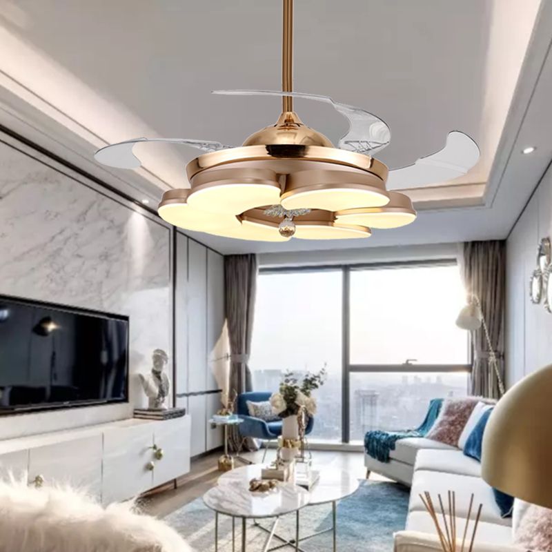 3/6 Leaf LED Ceiling Cooler Fan Modern Style Metal Rose Gold Semi Flush Mount Lamp with Crystal Drop, Frequency Conversion/Remote Control/Wall Control