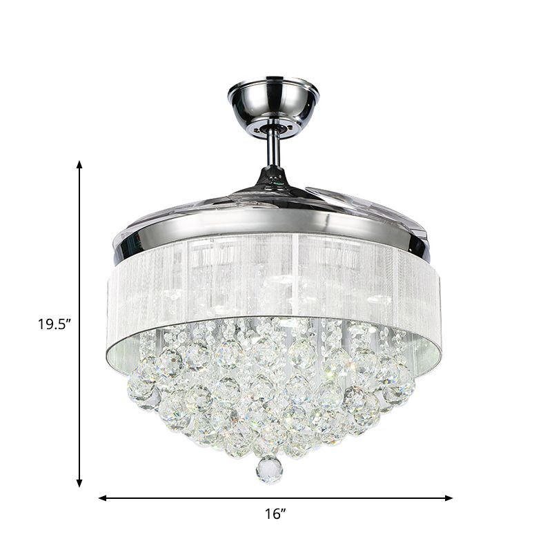 4-Blade LED Parlor Semi Mount Lighting Minimalist White Ceiling Fan Lamp with Tapered Crystal Strands Shade, 19" W