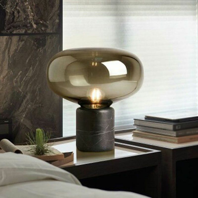 Capsule Shaped Glass Nightstand Light Nordic 1-Bulb Table Lamp with Cylindrical Marble Base