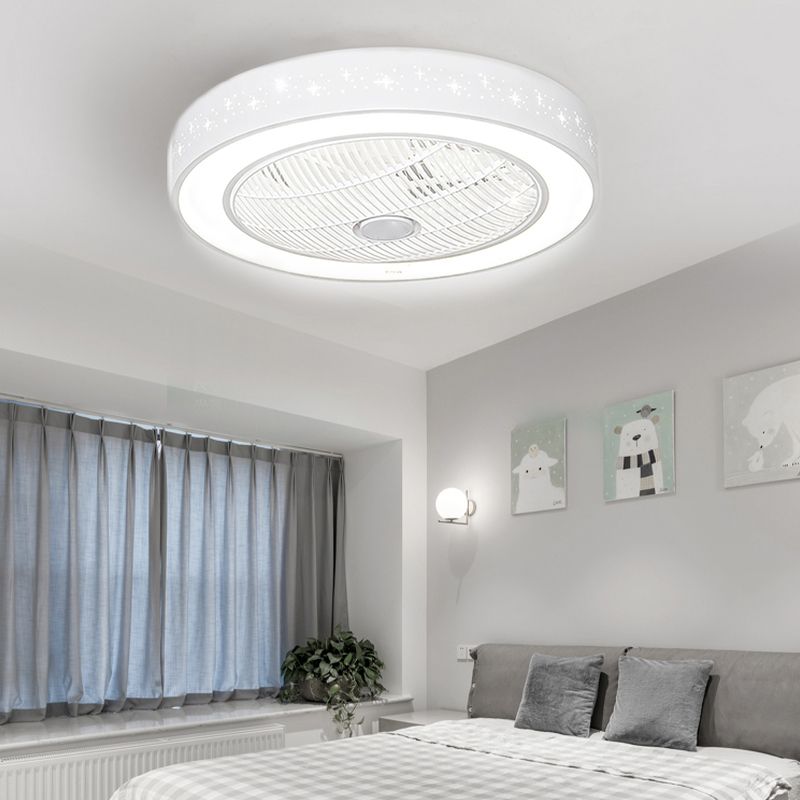 White Drum Shaped Fan Lamp Nordic LED Metal Semi Flush Light Fixture for Bedroom