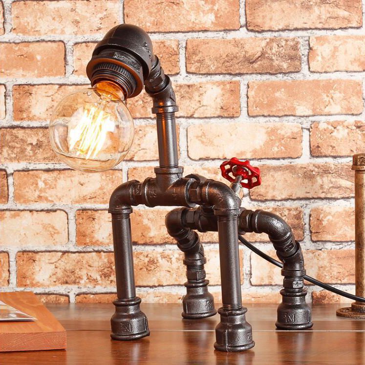 1-Light Dog Table Lamp with Water Pipe Industrial Black/Bronze Wrought Iron Table Lighting for Restaurant