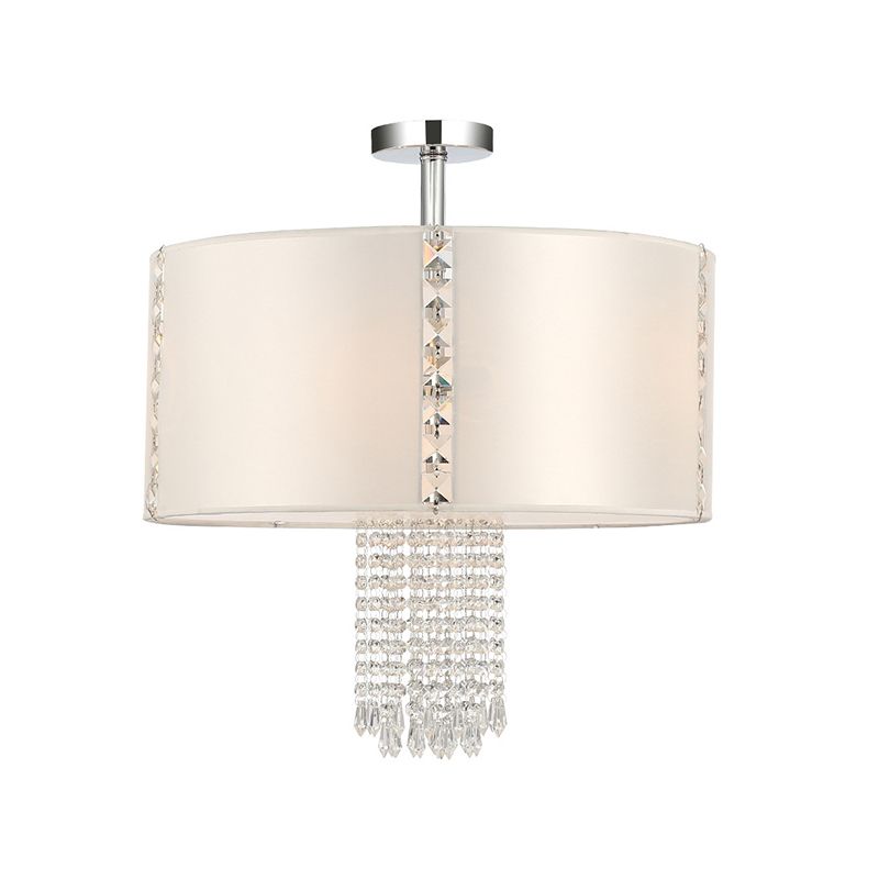 Contemporary 5 Lights Chandelier with Fabric Shade White Round Drop Pendant with Crystal Beans