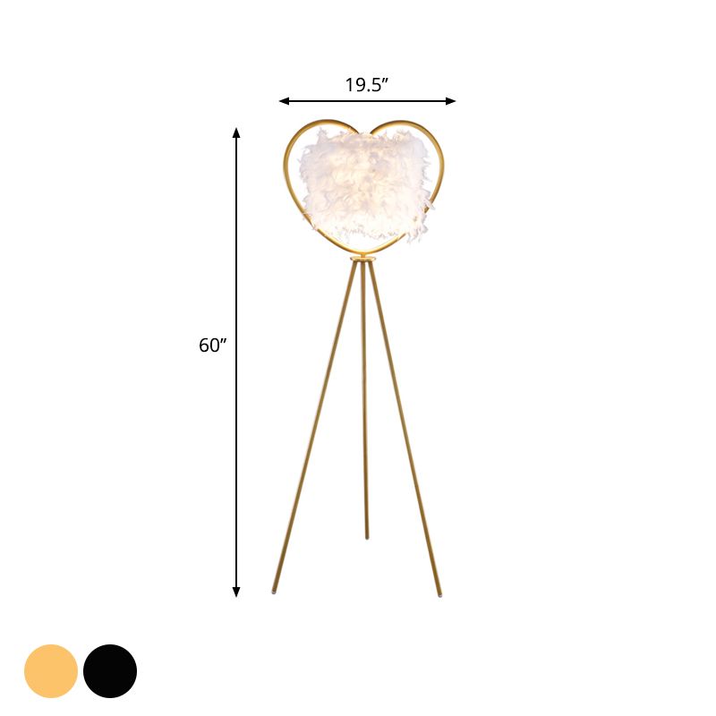 Loving Heart Frame Floor Lamp Post Modern Metallic 1-Head Black/Gold Finish Tripod Floor Standing Light with Feather Shade