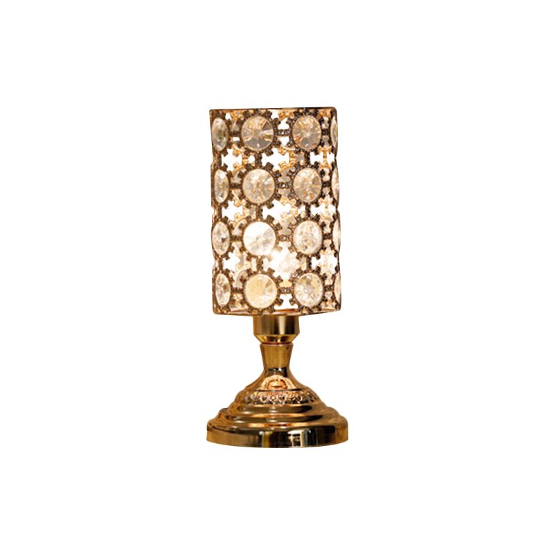 Modernism 1 Bulb Table Light with Crystal-Encrusted Shade Gold Tapered/Cylinder Reading Lamp