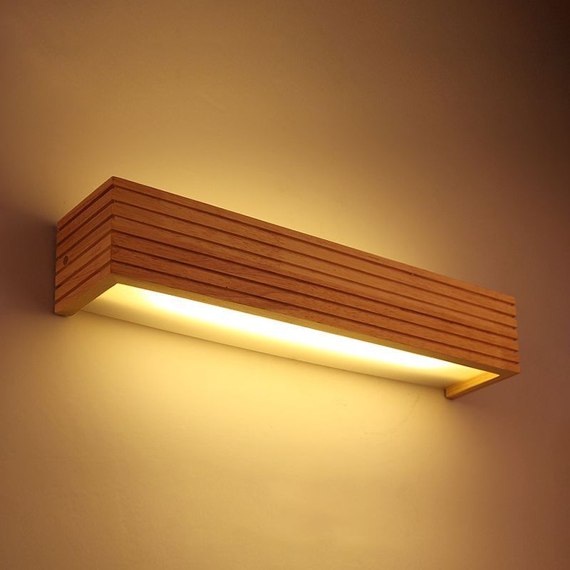 Striped Bedroom Wall Sconce Contemporary Wooden 14"/18"/21.5" Wide 1-Head Beige LED Up and Down Light Fixture in Warm/White Light