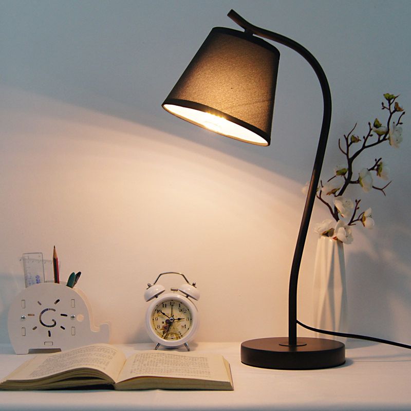 Contemporary 1 Bulb Study Lamp White/Black Tapered Reading Book Light with Fabric Shade